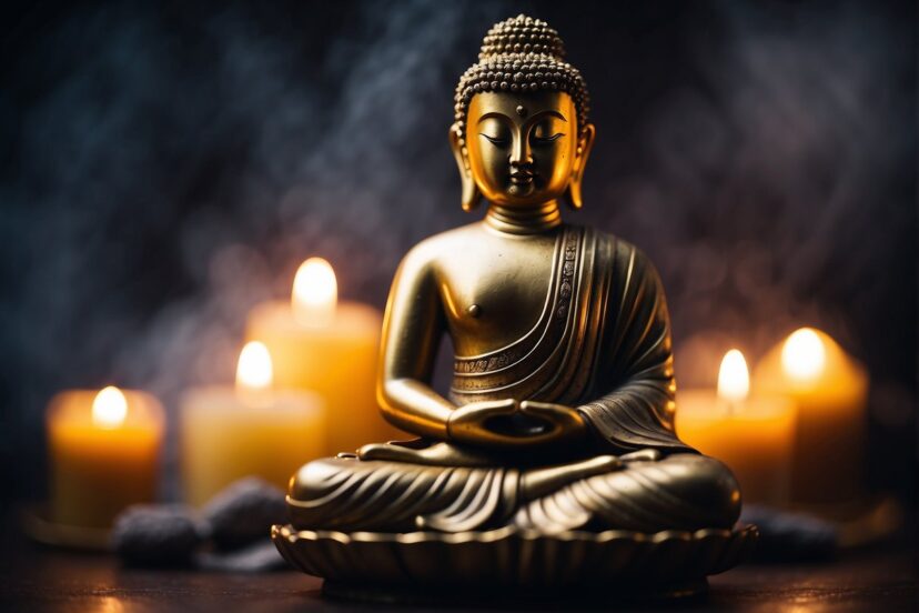 meditating buddha with candles